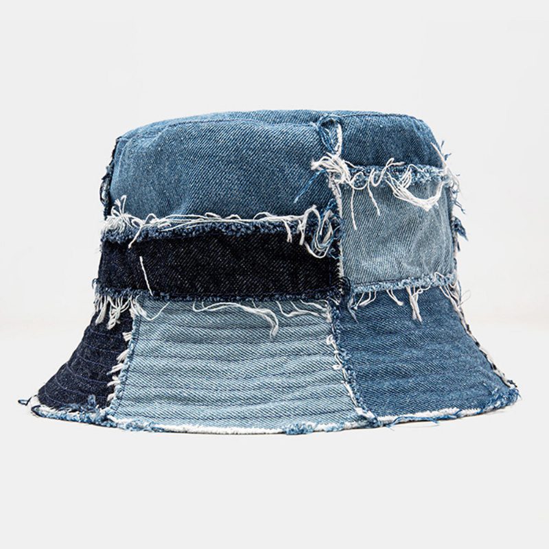 Unisex Rutete Colorblock Denim Distressed Frayed Edge Casual Solskjerming Sammenleggbare Flate Hatter Bøttehatter