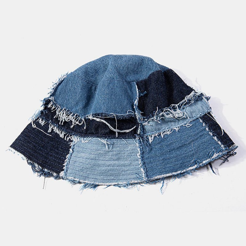 Unisex Rutete Colorblock Denim Distressed Frayed Edge Casual Solskjerming Sammenleggbare Flate Hatter Bøttehatter