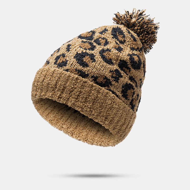 Unisex Strikket Leopardmønster Pelsball Dekorasjon Flensing Uformell Varme Lue Lue