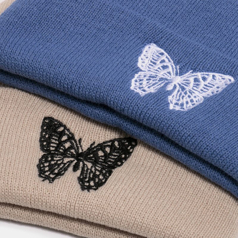 Unisex Ull Varm Elastisk Uformell Tegneserie Sommerfugl Broderimønster Strikket Lue Brimless Beanie