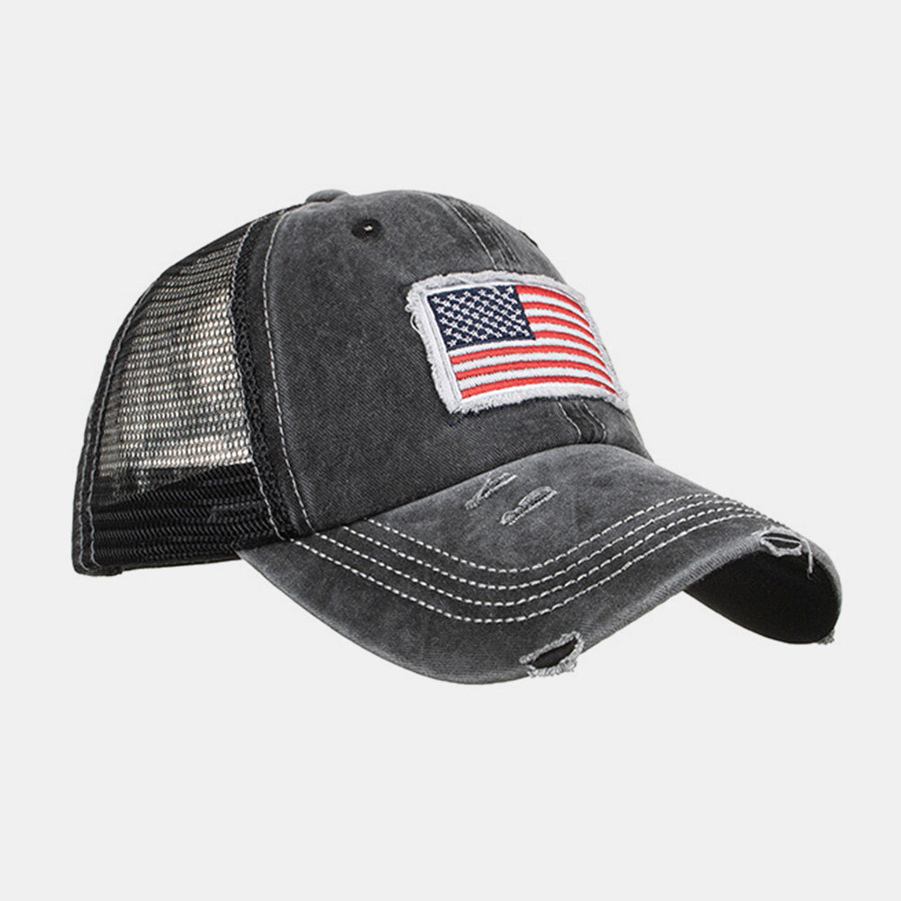 Unisex Vasket Amerikansk Flagg Patch Hestehale Baseball Cap Mesh Pustende Casquette Sommer Snapback Hat