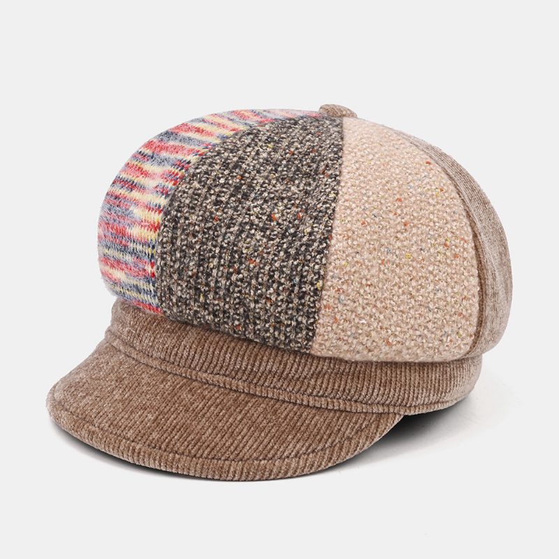 Unsiex Corduroy Patchwork Farge Varm All-match Casual Newsboy Hatter Åttekantet Hatter Beret Hat