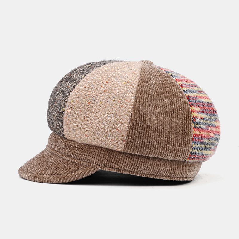 Unsiex Corduroy Patchwork Farge Varm All-match Casual Newsboy Hatter Åttekantet Hatter Beret Hat